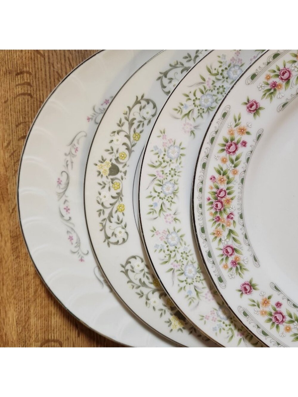 Mismatched Fine China ~10.25" Dinner Plates Flowers Silver Rims Porcelain